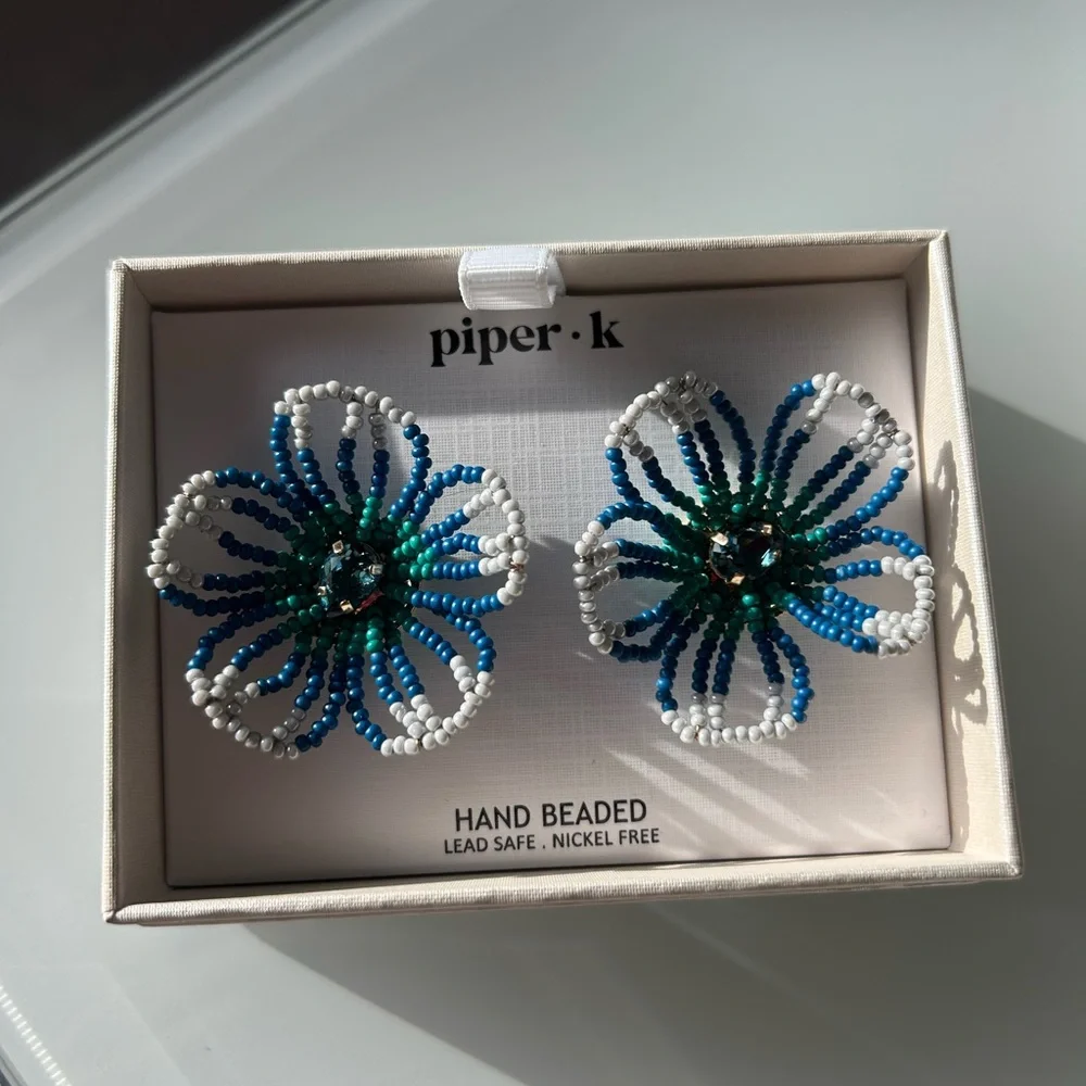 Beaded Blue Flower Earrings